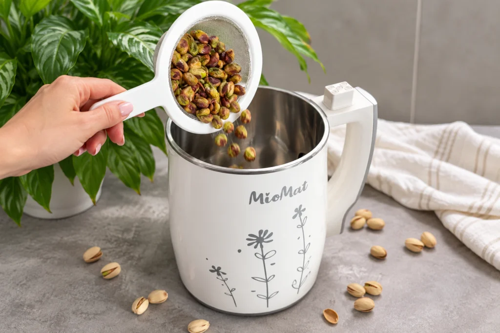 Raw ingredients for pistachio milk laid out near the MioMat machine: shelled raw pistachios, a small jar of raw honey, a pinch of sea salt, and a splash of vanilla extract.