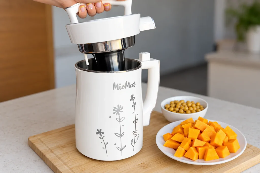 Pouring hot, freshly blended pumpkin cream soup directly from the MioMat machine.