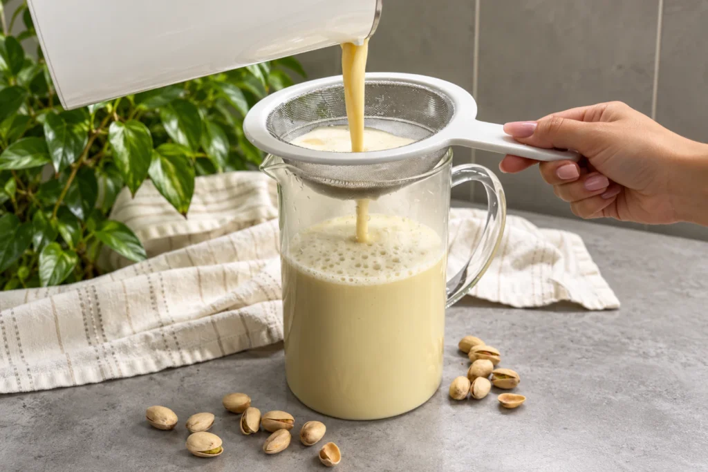 Een iced matcha latte met pistachenotenmelk in een hoog glas naast een schaaltje verse pistachenoten