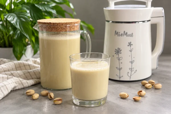 Een heldere glazen fles en een glas gevuld met lichtgroene pistachenotenmelk, omringd door rauwe gepelde pistachenootjes en verse muntblaadjes op een licht marmeren aanrech