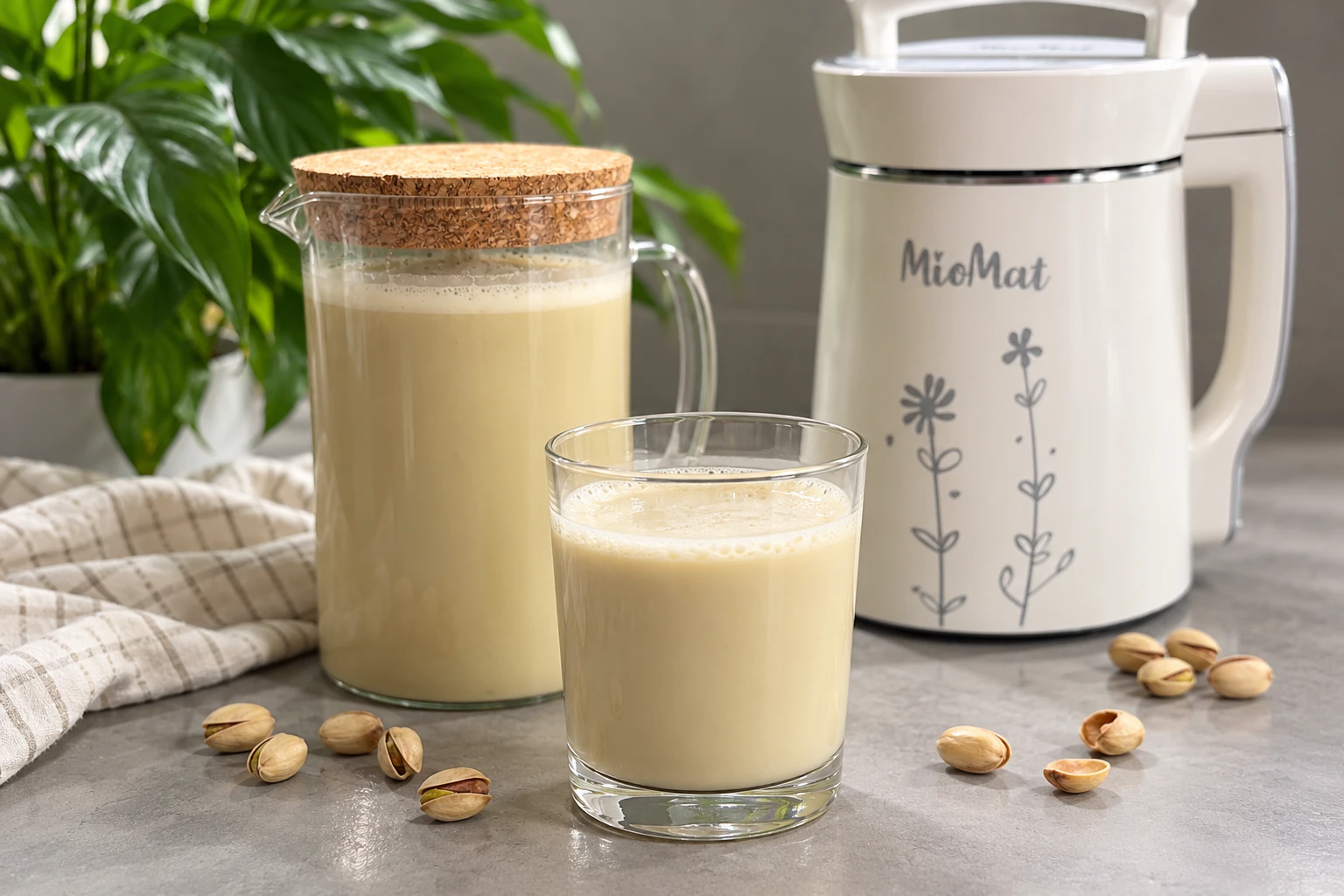 Een heldere glazen fles en een glas gevuld met lichtgroene pistachenotenmelk, omringd door rauwe gepelde pistachenootjes en verse muntblaadjes op een licht marmeren aanrech