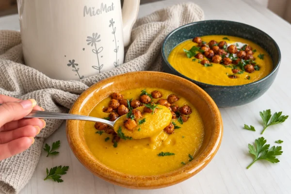Creamy vegan pumpkin and chickpea soup topped with crispy chickpeas and herbs.